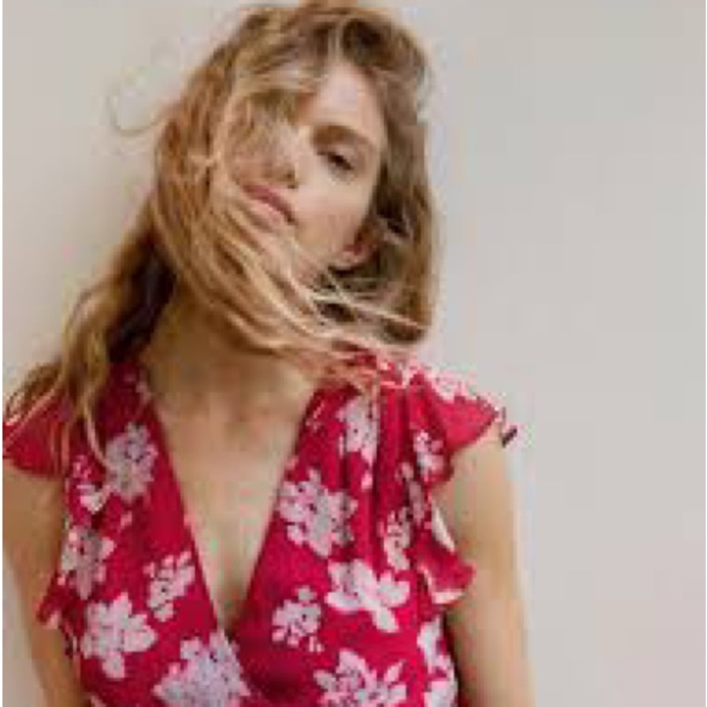 ALL SAINTS Red Floral V-Neck Short Sleeve Caris Lea Midi Dress US Size 8